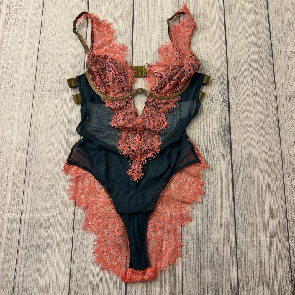 Dora Larsen Lace Bodysuit Sheer Lingerie Coral Teal Strappy Size Small Sexy